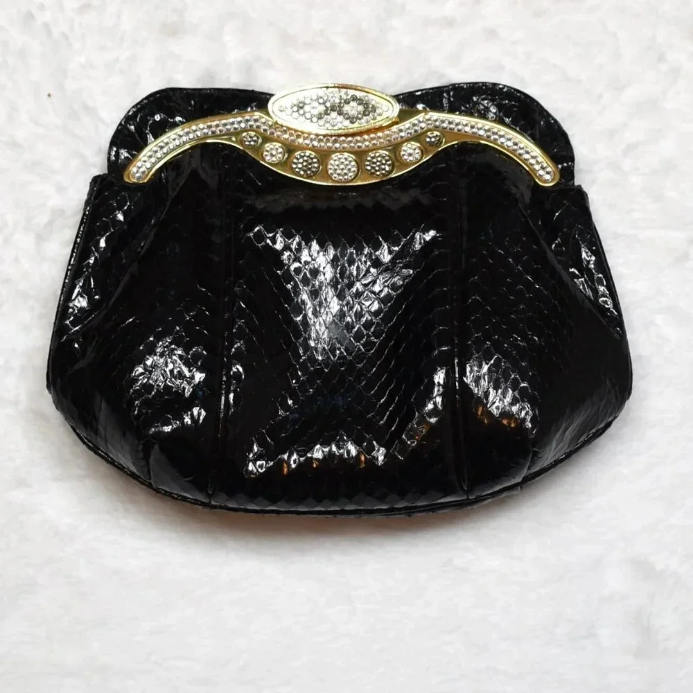 Vintage Snakeskin Shoulder Bag Clutch Crystals Party Cocktail Party 80s Black